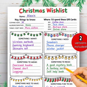 May include: A white Christmas Wishlist printable sheet with red and green text. It features sections for gift ideas, clothing sizes, and gift card preferences. A red circular badge states 2 versions included. The form is filled with handwritten blue, pink, and green ink.