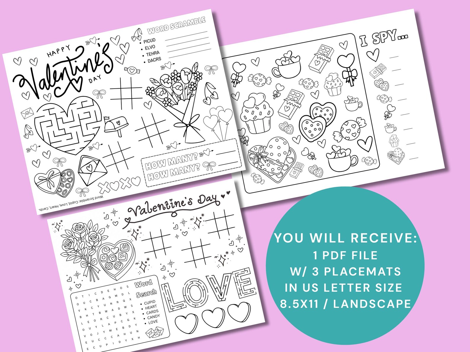 Valentine Activity Placemat Printable, Valentine Coloring Placemats ...