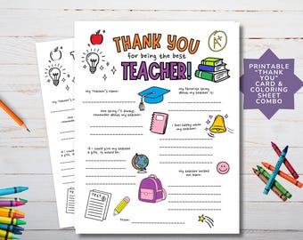 Teacher Appreciation Week Printable Coloring Page Card, Teacher Appreciation Week Gift Ideas, Teacher Thank You Card Questionnaire Survey