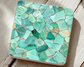 Sea Glass Stones Coasters Set of 4, Beach-Inspired Decor, Beverage Coasters, Aqua Green and Blue Coasters Gift Set