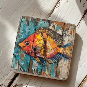 Colorful Tropical Fish Coasters Set of 4, Ocean-themed Seaside Decor, Square Stone Coaster, Coastal Kitchen Coffee Table Coasters