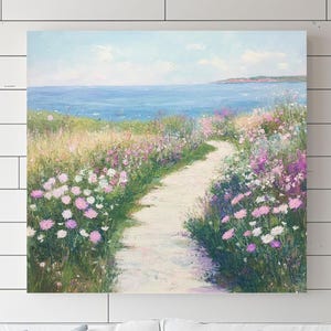 May include: A painting of a winding path through a field of wildflowers leading to a blue ocean in the distance.