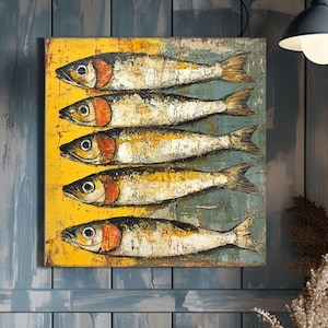 Coastal-Inspired Sardines Painting on Canvas, Rustic Marine Life Prints, Nautical Fish Artwork Beach House Decor, Fishing Wall Hanging Art