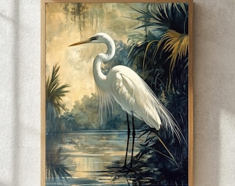 White Egret Framed Art, Natural Wood Framed Wall Canvas, Coastal Living Room Wall Art, Botanical Wooden Framed Canvas, Beach Framed Wall Art