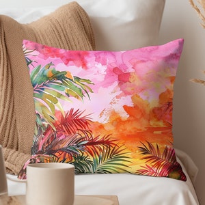 Pink Tropical Beach Coastal Pillows, Throw Pillow Covers, Pillow Case Gift for Mom, Living Room Accent Square Pillows, Beach Throw Pillows