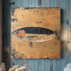Rustic Sardine Canvas Wall Art, Coastal-Inspired Marine Life Prints, Nautical Fish Artwork Beach House Decor, Fishing Wall Hanging Art