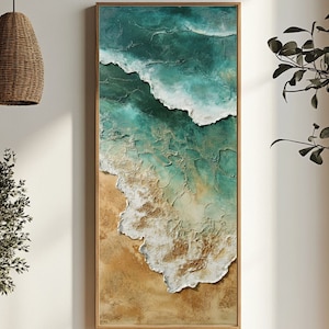 Lienzo oceánico para pared, decoración costera moderna, impresión vertical estrecha, arte enmarcado con temática de playa, diseño de interiores costero, arte mural con temática oceánica