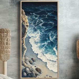 Blue Ocean Shore Canvas Art, Coastal Decor Vertical Narrow Print, Modern Beach-Themed Framed Art, Seaside Interior Design, Ocean Wall Art