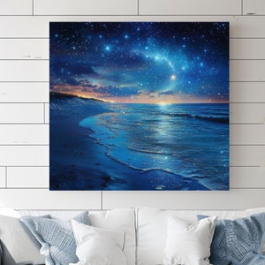Lienzo decorativo de noche estrellada en la playa, impresión náutica, encantadora pintura costera, decoración del hogar con cielo nocturno oceánico.
