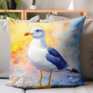 Happy Gull Pillow, Bird Decorative Throw Pillow, Nautical Bird Print Pillowcase, Beach House Accent Pillow Decor, Gull Watercolor Art
