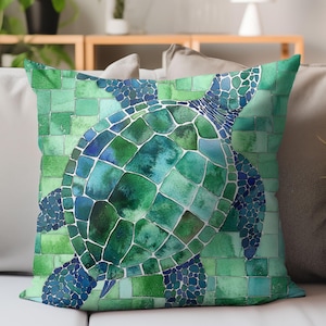 Sea Turtle Printed Pillow, Turtle Design Pillowcase, Nautical Beach House Decor, Turtle Art Coastal Home Accent Pillow Decor