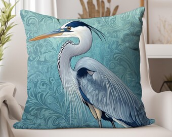 Great Heron Coastal Pillow, Coastal Bird Pillow Case, Beach House Throw Pillow for Couch, Blue Heron Accent Pillow, Coastal Accent Pillow