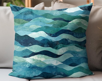 Cojín Ola del Mar Profundo, Funda de Cojín Acuarela Aguamarina y Turquesa, Detalle Náutico Costero para el Hogar, Decoración Moderna para Casas de Playa
