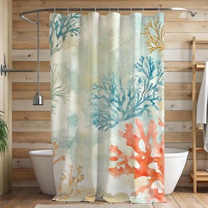 Watercolor Coral Reef Shower Curtain, Ocean Seaweed Bathroom Decor, 71x74 Abstract Coastal Marine Art, Peach and Blue Seafloor Print