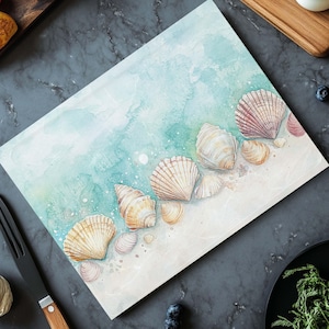 Seashell Glass Cutting Board, Watercolor Coastal Kitchen Decor, Beach House Tempered Glass Tray, Ocean Shells Countertop Art Serving Tray