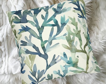 Funda de almohada con estampado de hojas marinas, cojín decorativo verde salvia y azul coral, fundas de almohada de regalo para la abuela, almohada costera, funda de almohada decorativa náutica