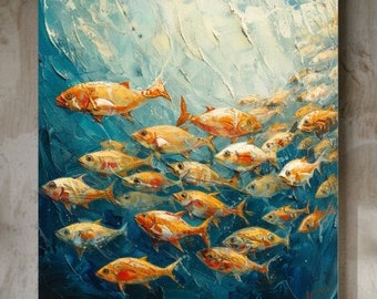 Cuadro de pared con diseño de banco de peces nadando en la costa, lámina de naturaleza para pared, arte de pared único para casa de playa, decoración náutica para casa de lago o estilo costero.