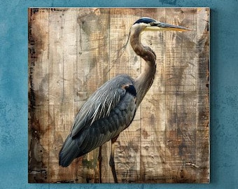 Blue Heron on Rustic Wood Background, Coastal Wall Art, Nautical Beach House Decor, Ocean Bird Painting, Weathered Wood Art, Beach House Art