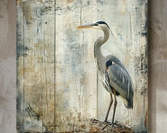 Rustic Heron Coastal Canvas Wall Art, Large Wall Art, Above Bed Art, Lake House Wall Art, Beach House Decor, Distressed Wood Wall Art Print