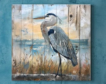 Heron on the Shore Coastal Canvas Wall Art, Distressed Wall Art, Wood Wall Decor, Beach Wall Decor, Beach House Decor, Large Wall Art Print