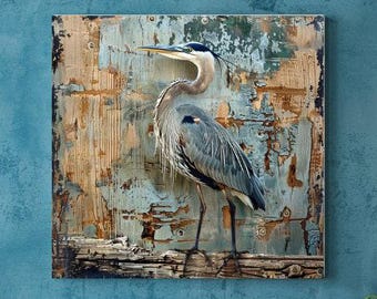 Weathered Rustic Blue Heron Canvas Wall Art Prints, Coastal Beach House Wall Decor, Distressed Coastal Art, Great Blue Heron Wall Art,