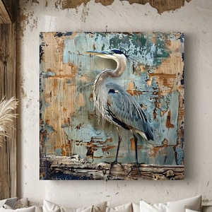 Stampe artistiche da parete su tela con airone azzurro rustico invecchiato, decorazioni da parete per case sulla spiaggia costiera, arte costiera invecchiata, arte da parete con airone azzurro maggiore,