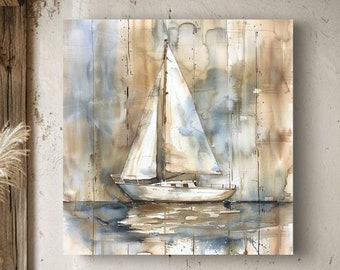 Lienzo de velero costero neutro, impresión de madera desgastada, decoración costera, arte náutico para sala de estar, regalo para la abuela.