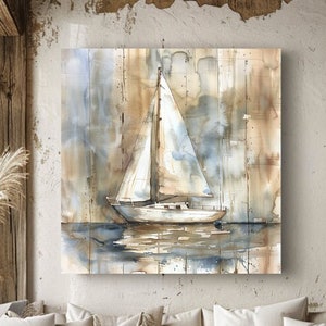 Neutral Sailboat Coastal Canvas Wall Art, Weathered Wood Wall Art Print, Coastal Wall Decor, Nautical Wall Art for Living Room, Grandma Gift