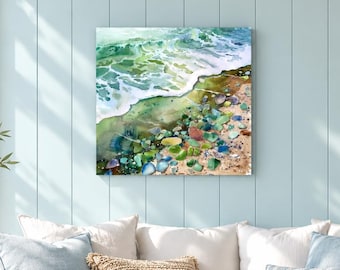 Natural Sea Glass Coastal Canvas Wall Art, Beach House Decor, Above Bed Decor, Large Wall Art Print, Coastal Wall Decor, Nature Wall Art