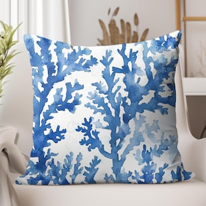 Watercolor Coral Pillow Cover, Coastal Throw Pillow, Beach House Cushion, Nautical Living Room Pillows, Gift for Ocean Lovers