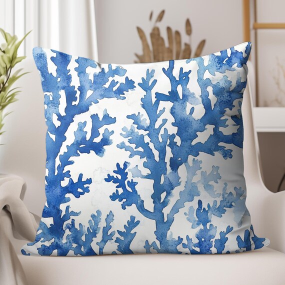 Watercolor Coral Pillow Cover, Coastal Throw Pillow, Beach House