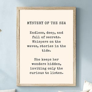 Mystery of the Sea Wooden Framed Canvas Art, Ocean Quote Wall Art, Nautical Coastal Decor, Sea Lover Ocean Poem Print, Beach House Canvas