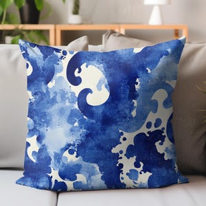 Watercolor Wave Pillow, Coastal Swirl Cushion Cover, Blue Ocean Splash Throw Pillow, Seaside Home Decor, Beachy Accent Pillow