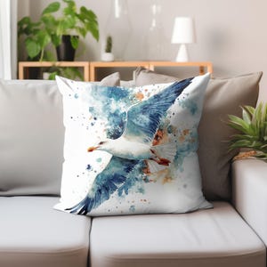 Watercolor Seagull Print Pillowcase, Coastal Living Room Beach Home Decor, Seaside Bird Cushion Cover, Ocean-Inspired Accent Pillow