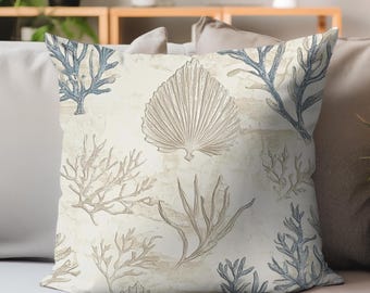 Vintage Coral Print Pillow, Coastal Botanical Cushion, Seaweed Inspired Throw Pillow, Nautical Beach Home Decor