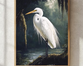 Dark Egret Wall Art, Natural Wood Framed Wall Art, Beach House Frame Canvas Art, Living Room Decor, White Egret Dark Moody
