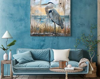 Heron on the Shore Coastal Canvas Wall Art, Distressed Wall Art, Wood Wall Decor, Beach Wall Decor, Beach House Decor, Large Wall Art Print