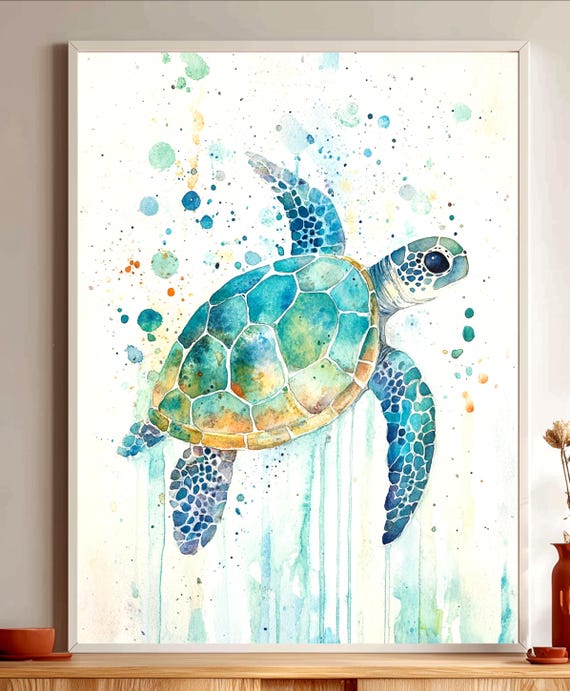 Watercolor Sea Turtle Wall Art, Coastal Sea Life Print, Ocean Wildlife Painting Canvas, Beach House Marine Decor, Turtle Lover Gift
