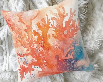Vibrant Coral Reef Watercolor Pillow Cover, Ocean-Inspired Cushion, Abstract Throw Pillow, Square Pillow Case, Seaside Home Decor