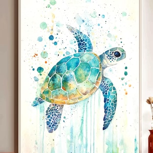 Watercolor Sea Turtle Wall Art, Coastal Sea Life Print, Ocean Wildlife Painting Canvas, Beach House Marine Decor, Turtle Lover Gift image 1