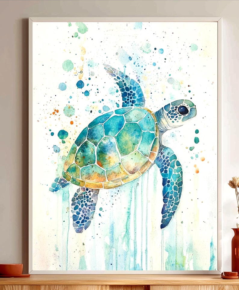 Watercolor Sea Turtle Wall Art, Coastal Sea Life Print, Ocean Wildlife Painting Canvas, Beach House Marine Decor, Turtle Lover Gift image 1