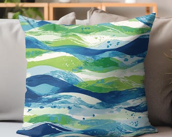 Abstract Seascape Pillow, Blue And Green Coastal Cushion, Nautical Ocean Throw Pillow, Beach House Decor, Coastal Living Accent
