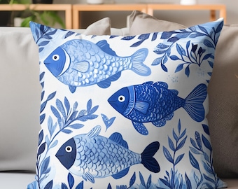 Fish Throw Pillow, Ocean Blue Cushion Cover, Sea Creature Accent, Nautical Marine Decor, Coastal Living Room Pillow