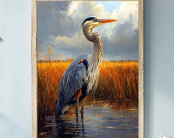 Heron Wooden Framed Canvas, Coastal Marsh Art, Bird Wall Decor, Nature-Inspired Painting, Nautical Wildlife Print