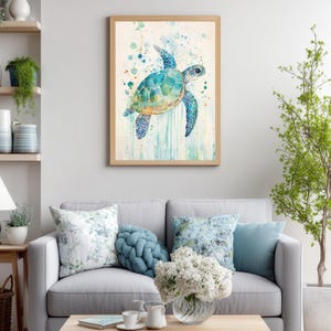 Watercolor Sea Turtle Wall Art, Coastal Sea Life Print, Ocean Wildlife Painting Canvas, Beach House Marine Decor, Turtle Lover Gift image 6