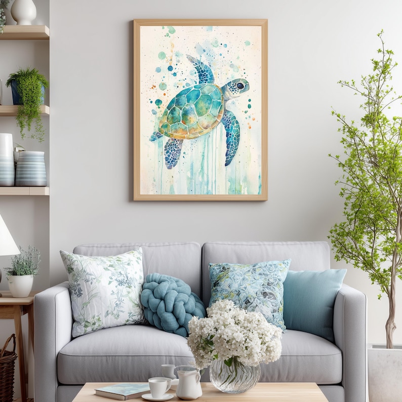 Watercolor Sea Turtle Wall Art, Coastal Sea Life Print, Ocean Wildlife Painting Canvas, Beach House Marine Decor, Turtle Lover Gift image 6
