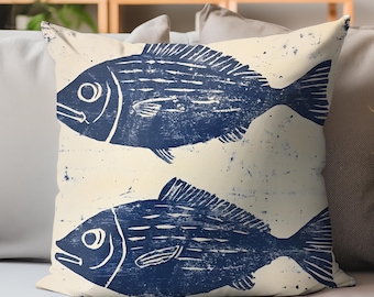 Vintage Fish Pillow Cover, Nautical Throw Cushion, OceanInspired Square Pillow Case, Coastal Living Room Decor, Seaside Accent Pillows