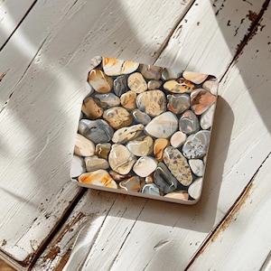 Beach Pebbles Coastal Coasters Set of 4, Beach House Kitchen Coasters, Tea Coasters, Square Stone Coaster, Coastal Coasters Set Gift for Mom