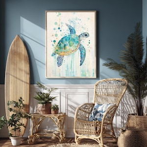 Watercolor Sea Turtle Wall Art, Coastal Sea Life Print, Ocean Wildlife Painting Canvas, Beach House Marine Decor, Turtle Lover Gift image 8