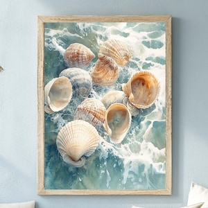 Lienzo con marco de madera y acuarela de conchas marinas, decoración de pared para casa de playa náutica, pintura de conchas costeras, arte de pared de cabaña costera
